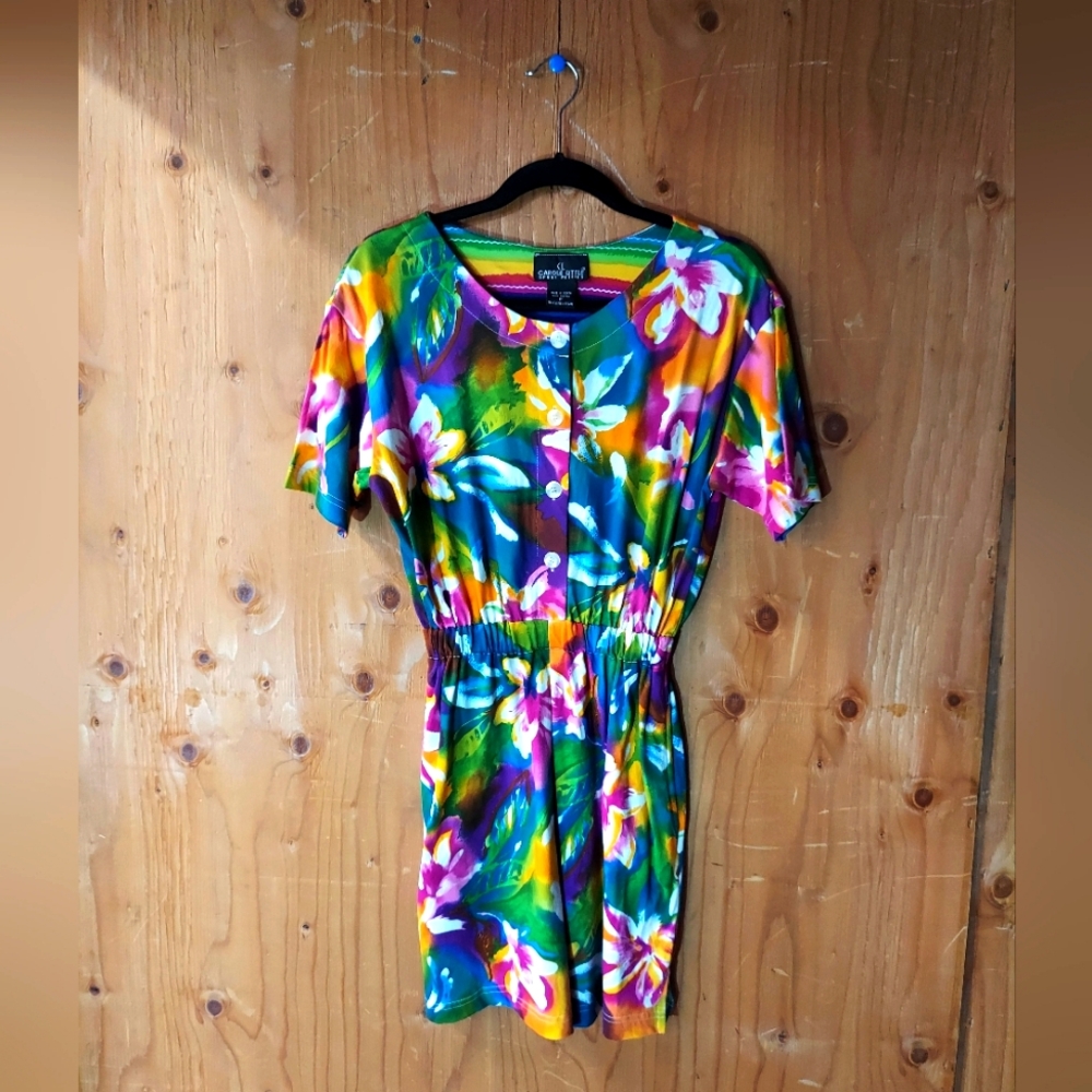 Carole Little Sport Petites Vintage Multicolor Cotton Floral Patterned Romper